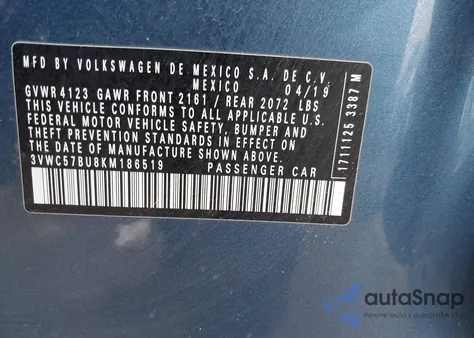 2019 Volkswagen Jetta 1.4T R-Line/1.4T S/1.4T Se from USA, damaged, VIN 3VWC57BU8KM186519